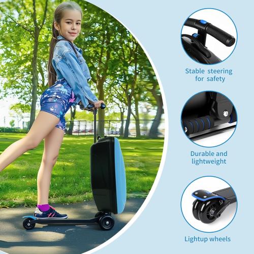 2-in-1 Ride-On Scooter Suitcase,Carry On Hardshell Ride On Suitcase Scooter for Kids Age 4-15, Multifunctional Ride On Lightweight Kids Luggage with Wheels(Size:Blue)