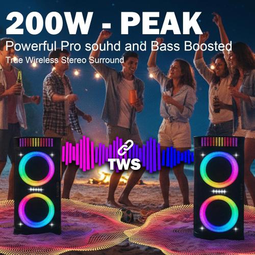 Large Party Speaker with Dual 6.5 Inch Woofers, 200W Peak Powerful Sound, TWS & 6 EQ Modes, Type-C Charging, LED Light Show, Wireless Microphone for Outdoor Parties