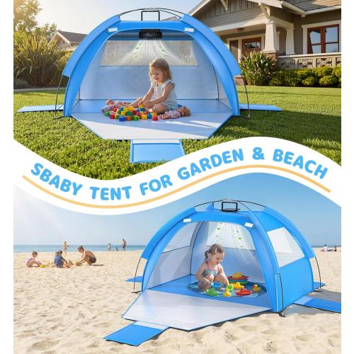 Baby Beach Tent Solar Cooling Fan, Anti-UV Toddler Beach Tent Sun Shelter Portable Travel Fan Beach Shade Tent, Baby Play Tent Built-in Ceiling Fan Sun Shelters Toddler Beach Essentials Blue
