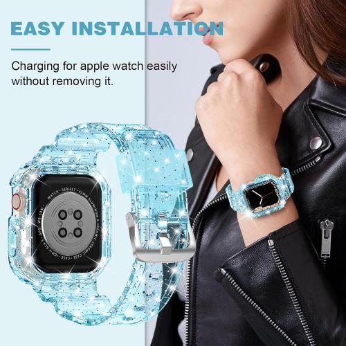 XYF Compatible for Crystal Clear Apple Watch Bands 45/44mm GlitterBlue | Sport Strap & Bumper Case Cover for Men Women, Crystal Clear Jelly, Compatible iWatch Ultra 3 2 Series 11 10 9 8 7 SE 6 5 4 3