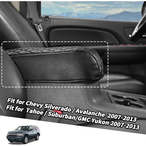 Jimen Car Center Console Cover Pad Fit for Chevy Silverado/Avalanche/Tahoe/Suburban 2007-2013, Leather Armrest Cover Fit for GMC Yukon 2007-2013 (Black)