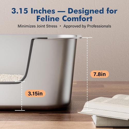 Qiuma Stainless Steel Cat Litter Box with Low Entry, Large Metal Kitty Litter Box for Senior or Injured Cats, Odor-Free, Non-Stick, Easy to Clean, 23.4x15.6x7.8, for Multiple Cats