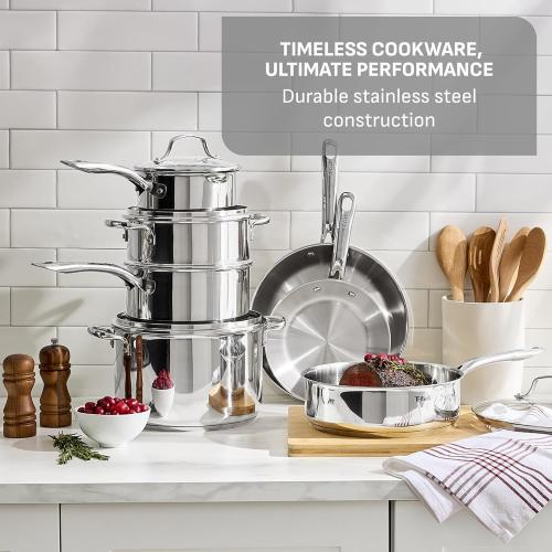 T-fal Stainless Steel Pots and Pans Set 13 Piece, Induction, Oven Broiler Safe 500F, Kitchen Cooking Set w/Fry Pans, Saucepans, Saute Pan, Dutch Oven, Steamer, Cookware, Dishwasher Safe, Silver