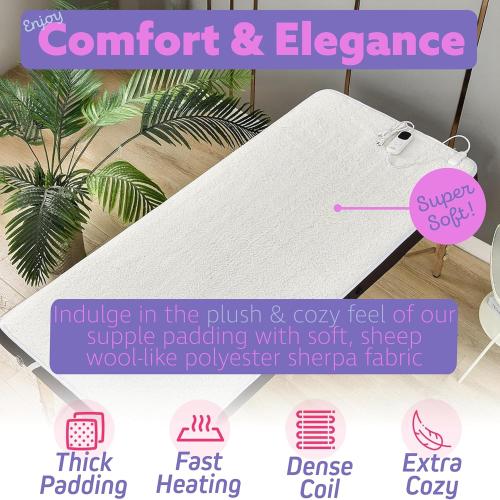 Massage Table Warmer Heating Pad – Heated Massage Table Pad with Adjustable Temperature (104°F-131°F), Auto Shut-Off Timer, Dense Coil Heating, Sherpa Fabric, 71x31 (180x78 cm) Massage Heating Pad