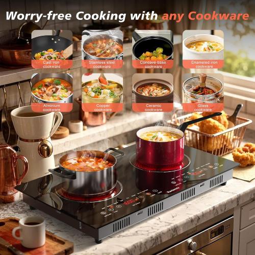 2 Burner Electric Cooktop 110v, 2000W Electric Stove Top Countertop & Built-in, Plug-in Electrics Cooktop 24 Inch, 8 Power Levels & 8 Functions, Touch Control, Safety Lock, Timer, Karienvir