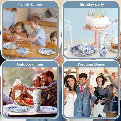 Dandat 250 Pcs Blue Floral Paper Plates and Napkins Blue Bridal Shower Tea Party Decorations Blues White Floral Tableware Set for 50 Guests Disposable Plates Napkins Cups Wedding Baby Bridal Shower