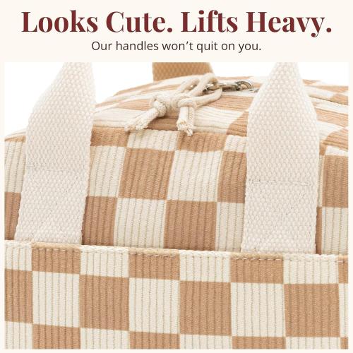 LOVELYWIND Lunch Box for Women, Insulated Lunch Bag,Beige Checkered Tote