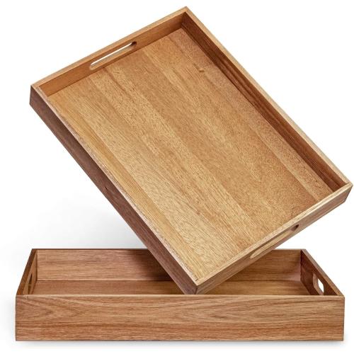 2pk Acacia Wood Serving Tray with Handles – Decorative Serving Trays Platter for Breakfast in Bed, Lunch, Dinner, Patio, Ottoman, Coffee Table, BBQ, Party –Great for Lap &Couch