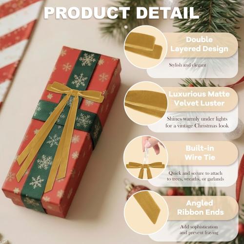 24 Pcs Christmas Bows for Tree, Light Brown Velvet Ribbon Bow for Christmas Tree, Pre-Tied Vintage Xmas Bows for Xmas Trees Wreaths Gifts Wedding Indoor Outdoor Decorations, 5 x 7 Inch