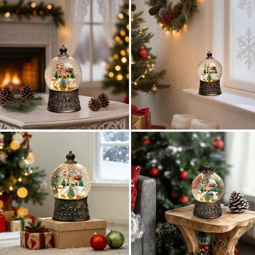 Snow Globe Christmas Decorations for Home Auto Snowfall Glitter Music Collection Santa Reindeer Train Snowy Village Scene with 6H Timer USB/Battery Powered 105mm Globe