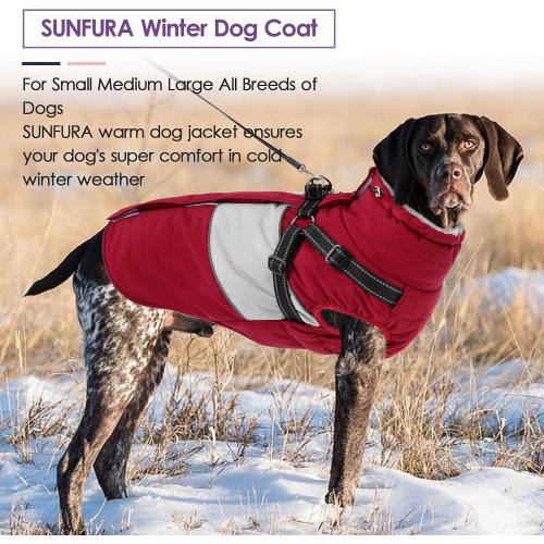 SUNFURA Small Dog Coat with Harness Built in, Warm Dog Jacket Winter with Zipper On Back, Waterproof Pet Snow Jacket Snowsuit Pet Sweater Clothes for Puppy, Burgundy XS