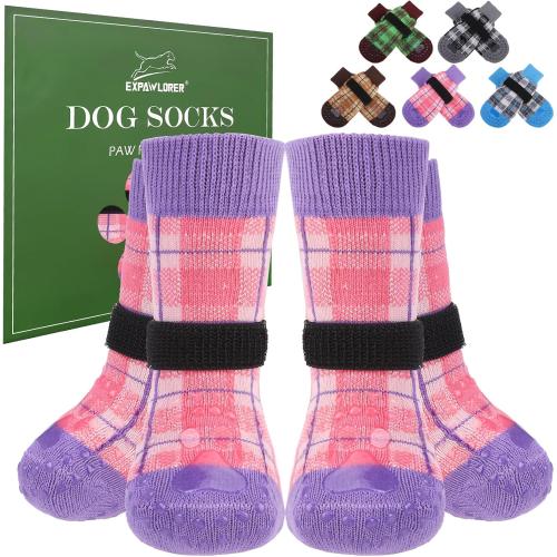 EXPAWLORER Dog Socks to Prevent Licking Paws,4 Pcs Double Sided Anti Slip Dog Socks with Grippers,Dog Shoes Grips for Hardwood Floors,Dog Booties for Small Medium Large Senior Dogs,Pink Purple XL