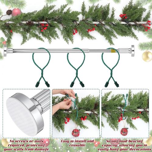 Leinuosen Christmas Front Door Garland Hanger 43-74 Inch Adjustable Christmas Wreath Hanger Stainless Steel Retractable Rod with 3 Green Tie Ropes No Nail Screw No Damage for Xmas DIY Hanging(Silver)