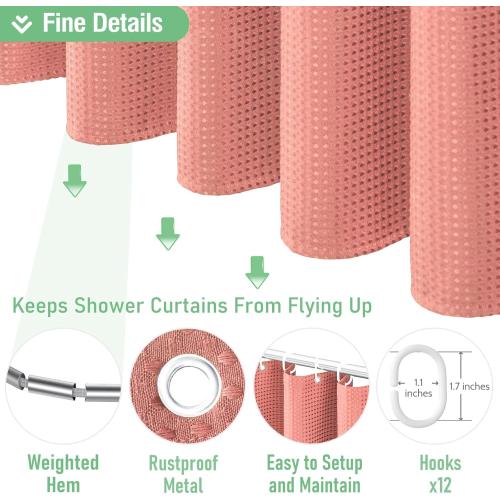 Dynamene Coral Fabric Shower Curtain - Waffle Weave Textured Heavy Duty Cloth Shower Curtains for Bathroom, 256GSM Hotel Luxury Weighted Bath Curtain Set with 12 Hooks,72x72, Coral