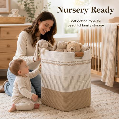 Laundry Hamper, Cotton Rope Laundry Basket with Leather Handles, 21.1-Gallon/80 L Large Clothes Hampers for Laundry, Handwoven Laundry Baskets for Blankets, Children Toys, Bedroom, Living Room