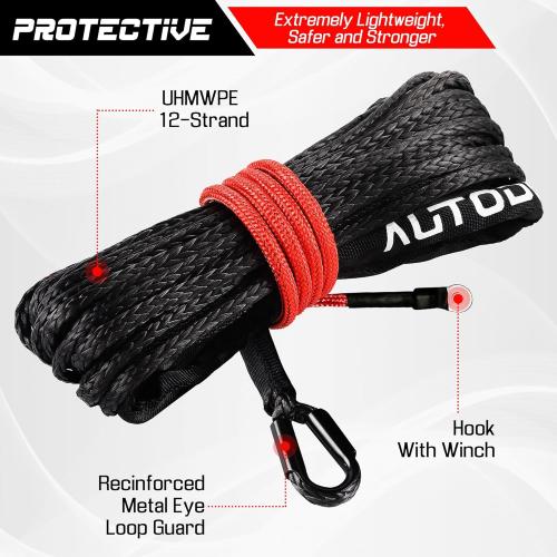 Synthetic Winch Rope-3/16 x 50ft 8,450LBS Winch Line with 4-7/8 Fairlead, Forged Winch Hook and Rubber Stopper, Protective Sleeve Synthetic Winch Cable for 4WD ATV UTV Offroad Vehicles Black