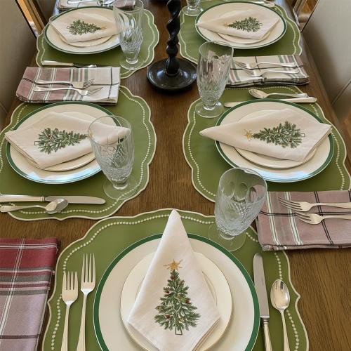 Newwiee Christmas Linen Napkin Set of 4 100% Linen Cloth 20 Inch Christmas Tree Embroidered Napkin Square Dinner Serviette Soft & Durable Holiday Table Decor Xmas Wedding Cocktail Party Supply