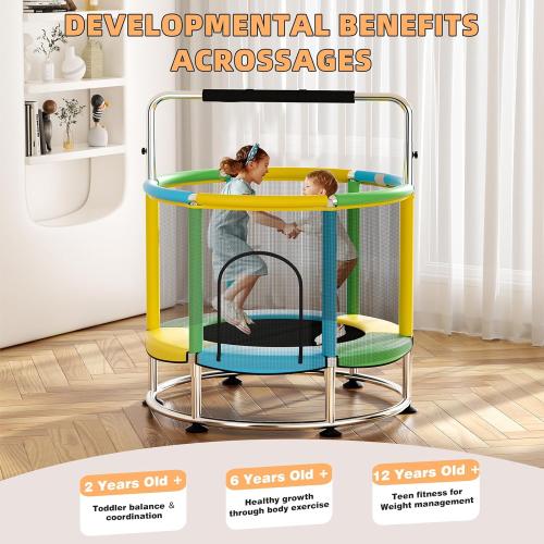 55 Trampoline for Kids,Up to 440 Ibs Mini Trampoline with Anti-Rollover Round Bottom,Indoor & Outdoor Toddler Trampoline with Safety Enclosure,Adjustable Gymnastics Bars,Basketball Hoop