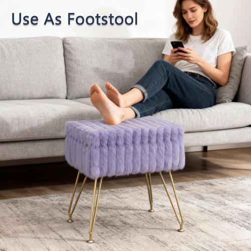 Vanity Stool Chair with Storage, Faux Fur Soft Padded Ottoman with Coffee Table, Modern Vanity Chair Fluffy Footstool with Metal Legs for Makeup, Living Room,Bedroom Purple