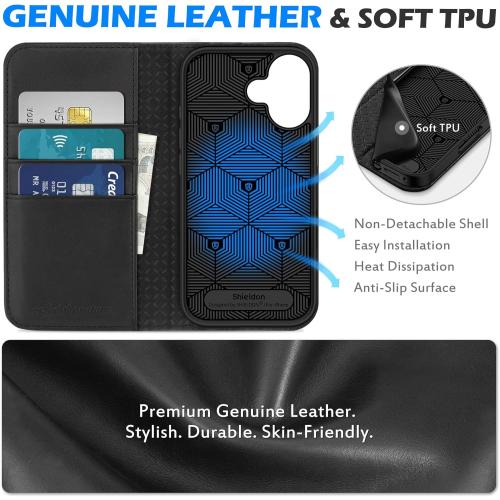 SHIELDON Genuine Leather Wallet Case for iPhone 17 6.3-inch 5G 2025 | Flip Magnetic Cover | Kickstand | RFID Blocking | 3 Credit Card Holder | Shockproof | Soft Inner Phone Case | Black