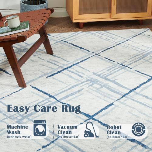 jinchan 6x9 Area Rug, Washable Abstract Geometric Grid Rug, Non-Slip Thin Accent Carpet for Entryway, Kitchen, Bathroom, Bedroom, Blue Lines
