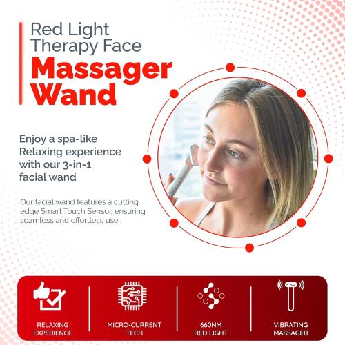 Handheld LED Red Light Therapy for Face and Neck - Vibrating Massage, Glowing Skincare Wand, Smart Sensor, Portable Facial Device, Face Therapy Wand Skin Health Tool Rejuvenation Boost