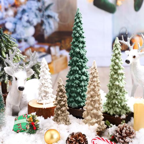 5 Pcs Sage Green Christmas Tree Figurines 11''/ 8.6''/ 7''/4.7'' Glittered Christmas Trees Resin Stone Xmas Holiday Figurines Xmas Desk Decor Centerpieces for Tabletop Decorations