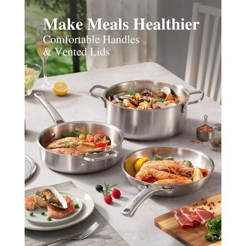 SILVER Stainless Steel Cookware Set,Tir-Ply Pots and Pans Set,10 Pcs Stainless Steel Induction Kitchen Cookware Sets,PFOA Free, Frying Pans,Saucepans,Saute Pan & Stock Pot,Compatible with All Cooktops