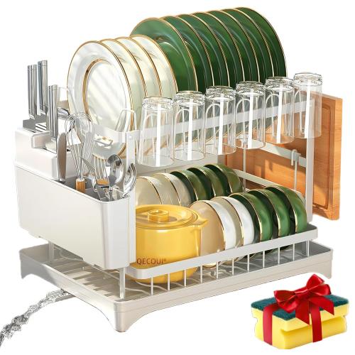 2-Tier Dish Drying Rack with Drainboard, Sink & Countertop Metal Dish Rack Organizer, Dish Drainers for Kitchen Counter, White Dish Racks