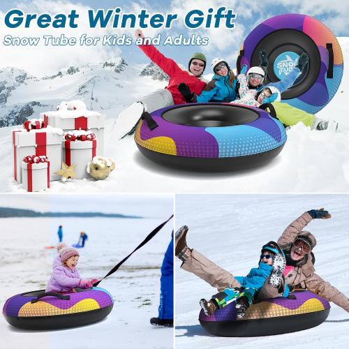 Snow Tube,48 Inch Big Heavy-Duty Inflatable Snow Sled with Premium Canvas Cover for Kids Adults,Thickened Hard Bottom Sleds for Snow with Detachable Tow Strap,Winter Outdoor Fun Snow Toys Gifts