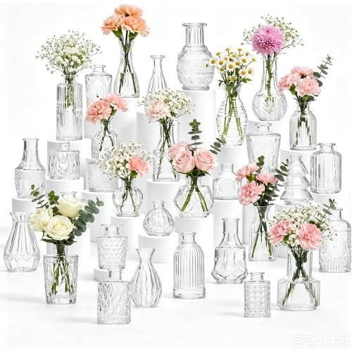 32 Pcs Clear Glass Bud Vases in Bulk, Small Vintage Bud Vase Set for Flowers, Mini Glass Vases for Wedding Centerpieces, Baby Shower, Table Decorations, Event Decor, 3.1-5.1