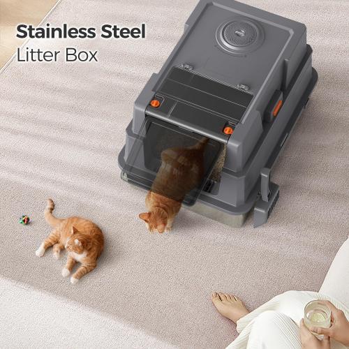 XXXL Stainless Steel Litter Box with Lid,28 L x 20.5 W x 16.5 H Extra Large Cat Litter Box Enclosure for Large and Multi-Cats Families,Non-Sticky, Anti-Leakage, Easy to Clean(Gray)