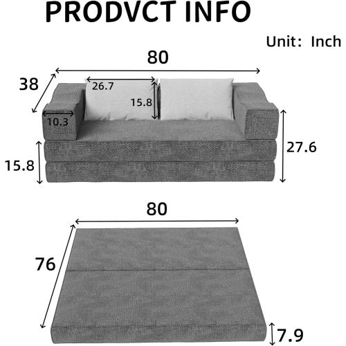 80 King Size Convertible Sofa Bed Sleeper, Foldable Futon Couch with Memory Foam & 2 Pillows, Chenille Fabric Modular Loveseat for Small Spaces, Apartment, Living Room, Studio (Gray, 80in)