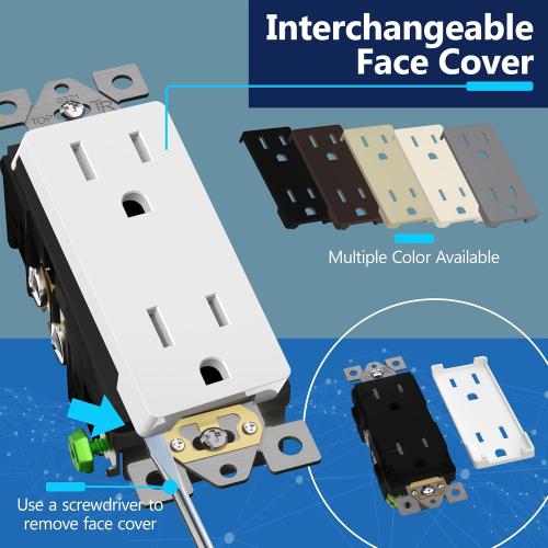 LIDER Matte Finish Decorator Receptacle with Interchangeable Face Cover, Child Safe Tamper-Resistant Wall Outlet with Screwless Wall Plate, Residential Grade 15A 125V UL Listed LR15-TR-WSWP10P, White