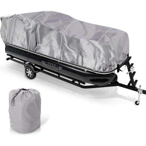 PYLE Boat Cover, Boat, Boat Covers, Heavy Duty Trailerable Waterproof Marine Grade Polyester, Fits Pontoon/Deck Boats 21-24 ft, Beam Width up to 94, Includes Storage Bag, Gray, 300D PU Coated