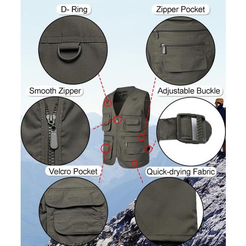 Size Small Color Green Yukirtiq Men's Outdoor Fly Fishing Vest Multi Pockets Hunting Vest Photography Lightweight Travel Vest Jacket