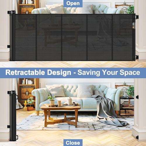 BLACK Reinforced Retractable Baby Gates with Support Beam 60 Wide Retractable Dog Gate Indoor Prevent Children and Dogs from Crawling Under Outdoor Dog Gate for Deck Mesh Gates for Kids or Pets, Black