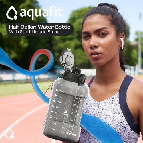 Size 64oz Color White AQUAFIT Half Gallon Water Bottle with Time Marker - Straw & Chug Lid - BPA Free Gym Water Bottle with Straw - Big Gallon Jug ( 64 oz - 2in1 Lid)