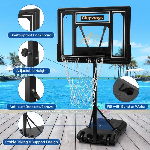 Color Black Pool Basketball Hoop Poolside Height Adjustable Portable Basketball Hoop for Pool with Shatterproof Backboard and Weather-Resistant Steel Screws/Brackets, Includes Ball and Air Pump