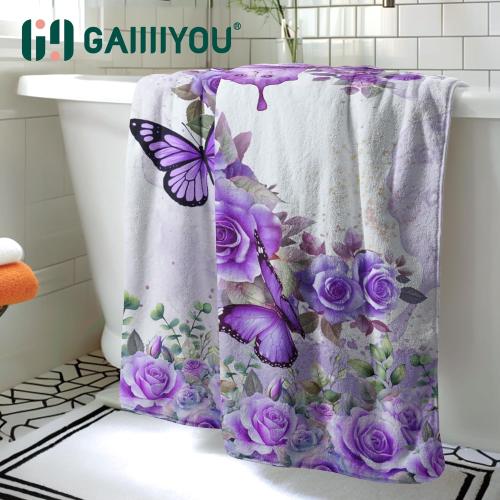 Purple Butterfly Rose Beach Towel - Floral Decorative Coral Fleece Shower Towels for Bathroom Holiday