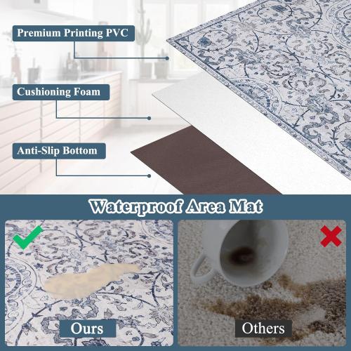 Area Floor Mat for Home, 3'x5' Waterproof Vintage Print Rug-Like Pattern PVC Area Mat for Kitchen, Stain Resistant Non-Slip Soft Rug for Living Room, Easy Clean Desk Chair Mat for Home Office Decor