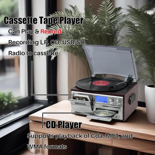 LoopTone Vinyl Record Player 10 in 1 3 Speed Bluetooth Vintage Turntable CD Cassette Player AM/FM Radio USB Recorder Aux-in RCA Line-Out (Red-Silver)