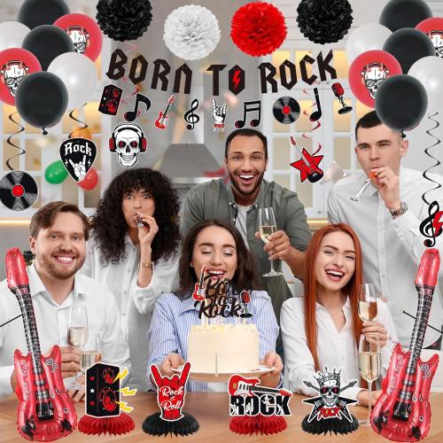 Crenics Rock and Roll Birthday Party Decorations - Happy Birthday Backdrop, Born to Rock Banner, Swirls, Honeycomb, Paper Pom Poms and Balloons for Star Music Decorations