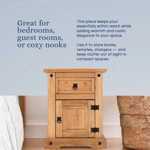 Corona 1 Drawer 1 Door 17-Inch Wide Bedside Table - Reforested Wood Single Nightstand - Smart Space-Saving Compact Furniture - Easy to Assemble - Seconique