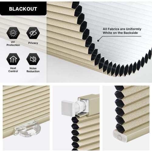 LazBlinds No Drill Cordless Cellular Shades, 33 1/2 W × 48 H, Soft Cream | Blackout Honeycomb Shades Thermal Insulation Noise Reduction Glare Control Blinds for Windows