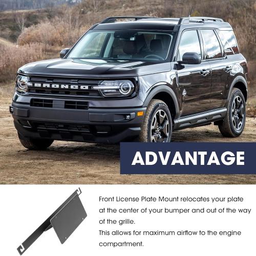 Front License Plate Relocation Bracket for 2021-2024  Ford Bronco with Factory Capable Bumper, No-Drill Mounting Kit, Relocates Plate Away from Fog Lights & Sensors (Compatible with 2/4 Door)