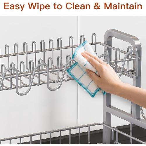 2 Tier Dish Drainers Drying Rack for Kitchen Counter Large Stainless Steel Dishes Drain with Drainboard, Space Saving, Big Modern Silver Countertop Metal Plates Dryer Strainer Holder and Extra Tray