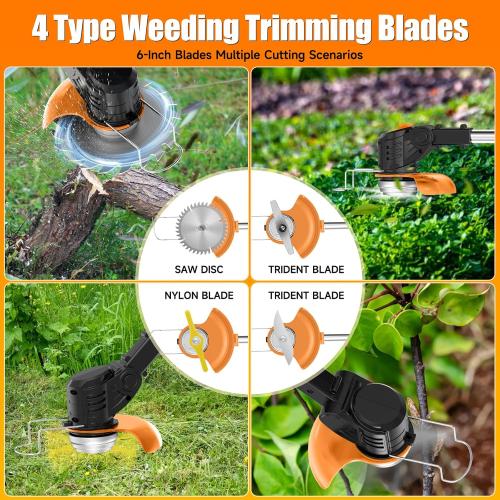 Electric Weed Wacker Cordless stringless,Grass Trimmer,with 2 Batteries, 1 Charger, 3Types Blades, Weed Wacker Eater Battery Powered Lightweight Battery Weed Trimmer for Yard and Garden
