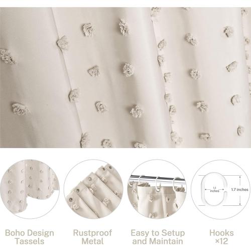 Size 72x72 Color White Boho Farmhouse Beige Shower Curtain, 72 x 72 Tufted Pleat Floral Puffs Textured Modern Farmhouse Minimalist Shower Curtain Set with Hooks for Bathroom