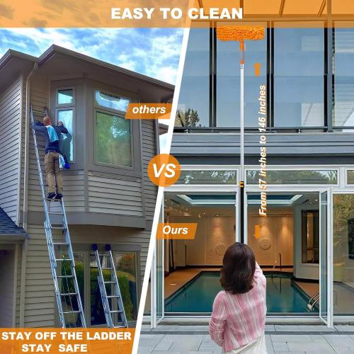20 Ft  Reach 2 In 1 Window Squeegee Duster with 5-to-12 Foot Extension Pole, Cleaner Tool with 3-Stage Telescoping Pole, Cleaning Kit with Rotatable Head - Chenille Cloth   Microfibre Cloths Head